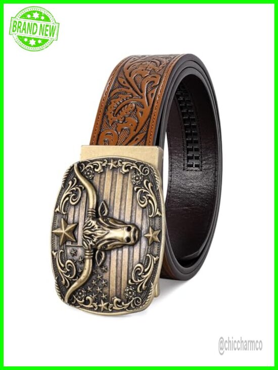 Western Cowboy Ratchet Belt - Leather Embossed Belt with Buckle main image 5